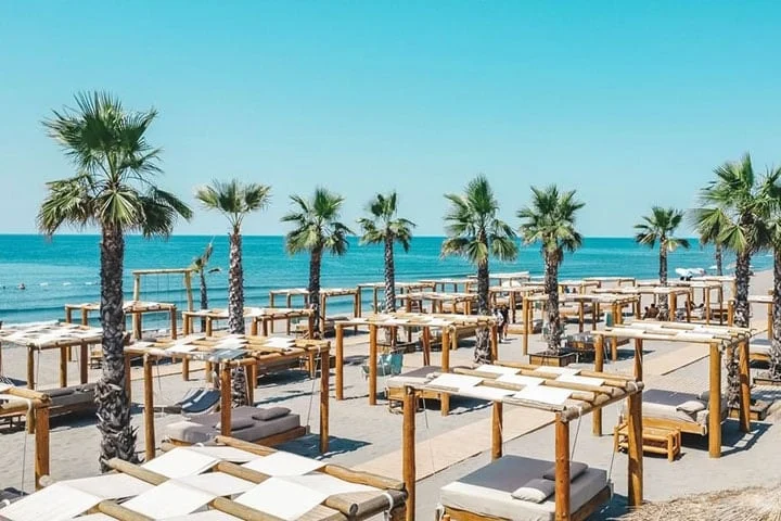 Plaža sa palmama i ležaljkama